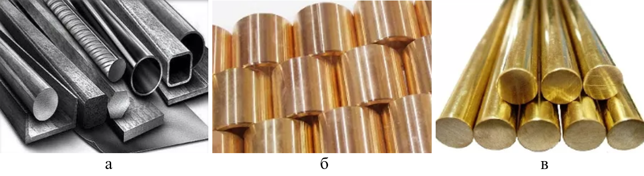 Рис.2. Сплавы металлов: а – сталь (на основе Fe и C); б – бронза (Cu, Pb, Sn); в – латунь (Cu, Zn).