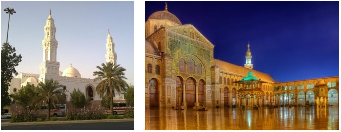 Рис. 1. Мечеть двух Кибл, VII в. Медина (Саудовская Аравия) и Мечеть Омейядов, VIII в. Дамаск (Сирия)