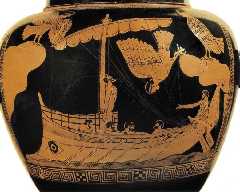 Рис. 10. Одиссей и сирены. Роспись на древнегреческой вазе