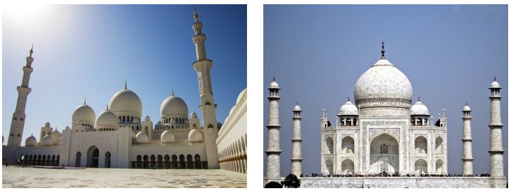 Рис. 2. Мечеть Зайда, XXI в. Абу-Даби (Объединённые Арабские Эмираты) и Мавзолей Тадж-Махал, XVII в. Агра (Индия)