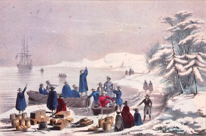 Рис. 2. Пилигримы, причалившие к Плимутской скале 11 декабря 1620 г. <br>Гравюра издательства Sarony & Major. 1846 г.