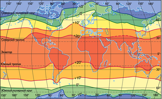 Рис. 1. Карта среднегодовых температур Земли