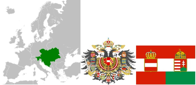 Рис. 7. Австро-Венгрия на карте Европы, герб Австро-Венгрии и флаг Австро-Венгрии