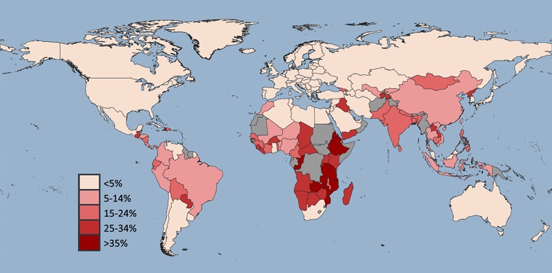 Рис. 1. Карта голода (по данным ФАО, 2015 г.), с указанием доли недоедающих в %