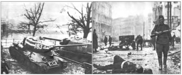 Рис. 13. Столкновение танков у моста в Берлине Погибший немец и советский солдат